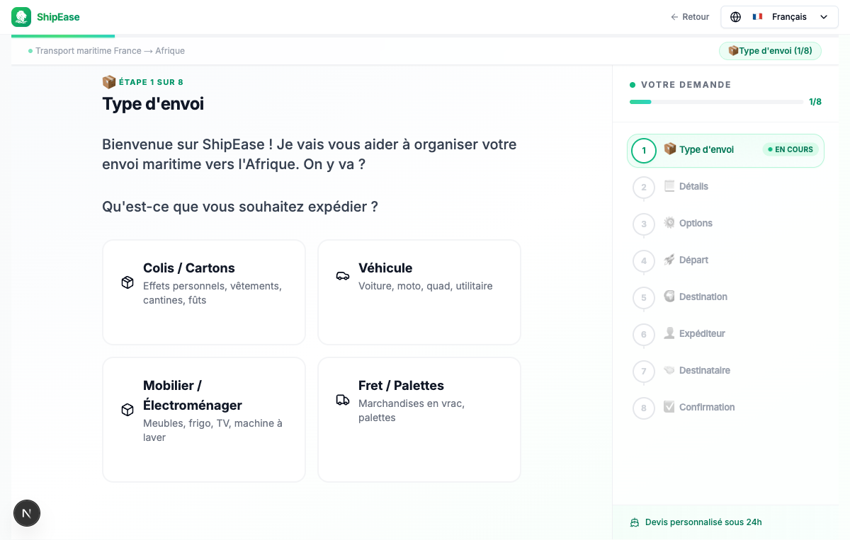 Écran de choix du type d’envoi avec la catégorie Véhicule