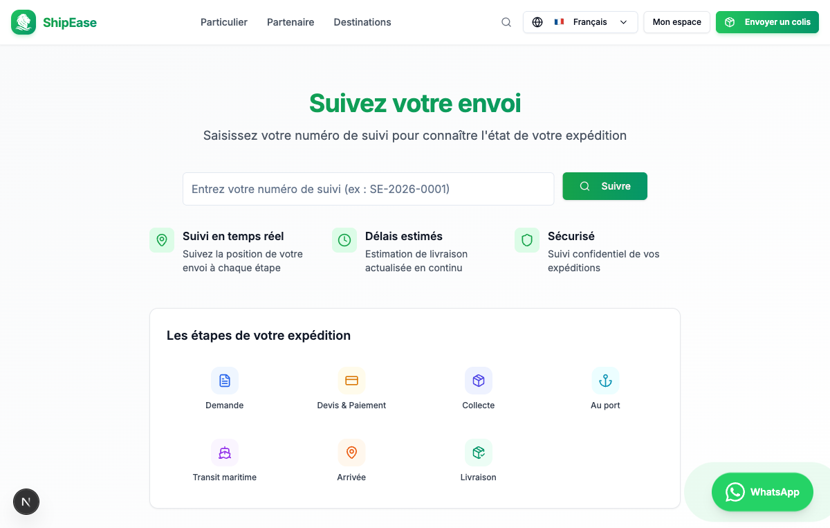Page de suivi d’envoi ShipEase avec les sept étapes de l’expédition