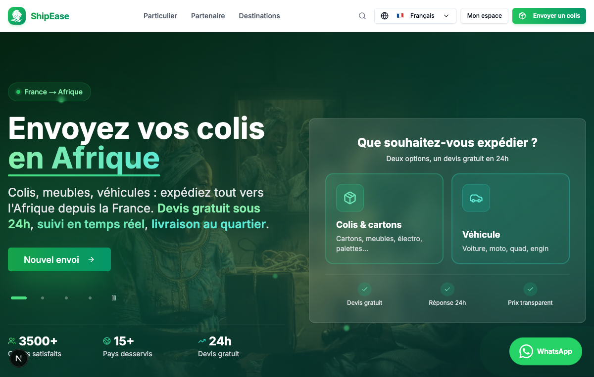 Page d’accueil ShipEase avec le bouton WhatsApp en bas à droite