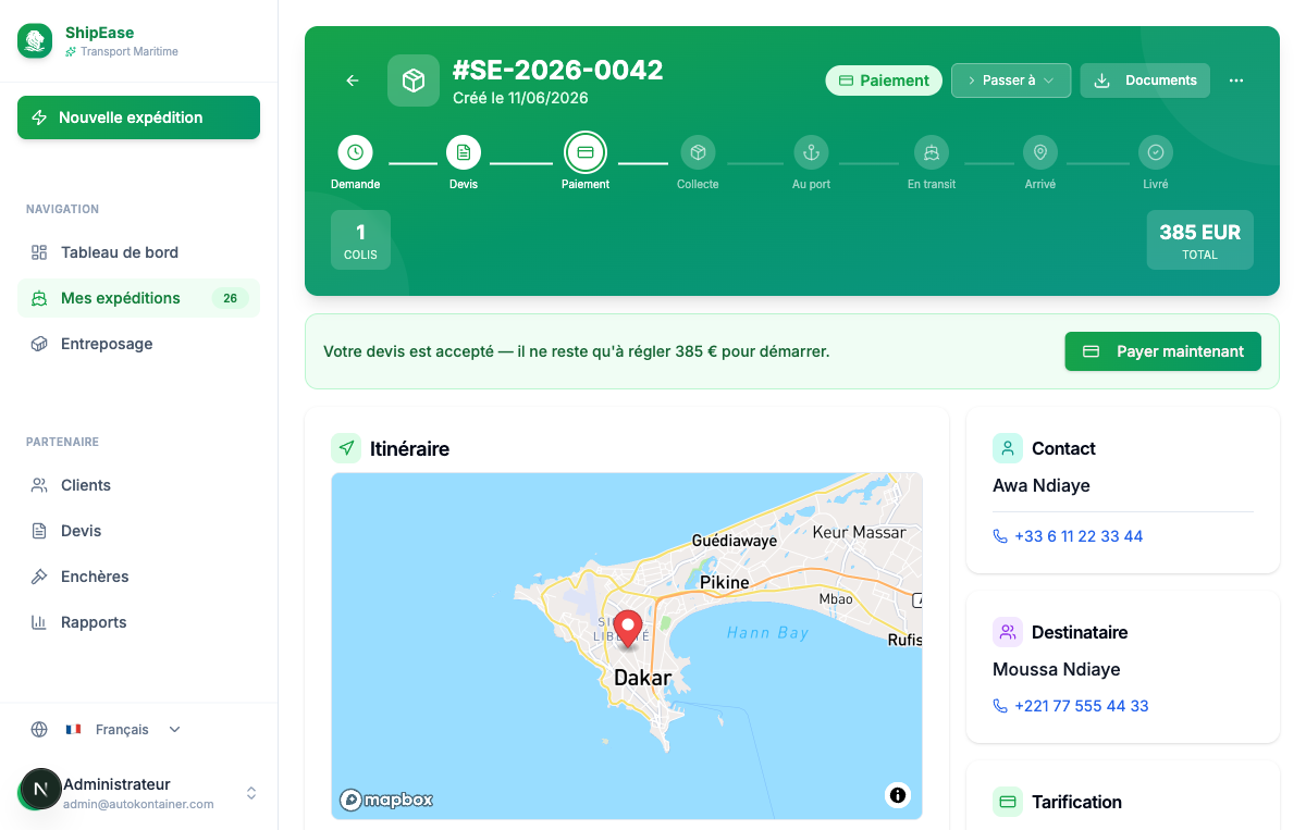 Page de détail d’un envoi en statut Paiement avec la bannière « Payer maintenant »