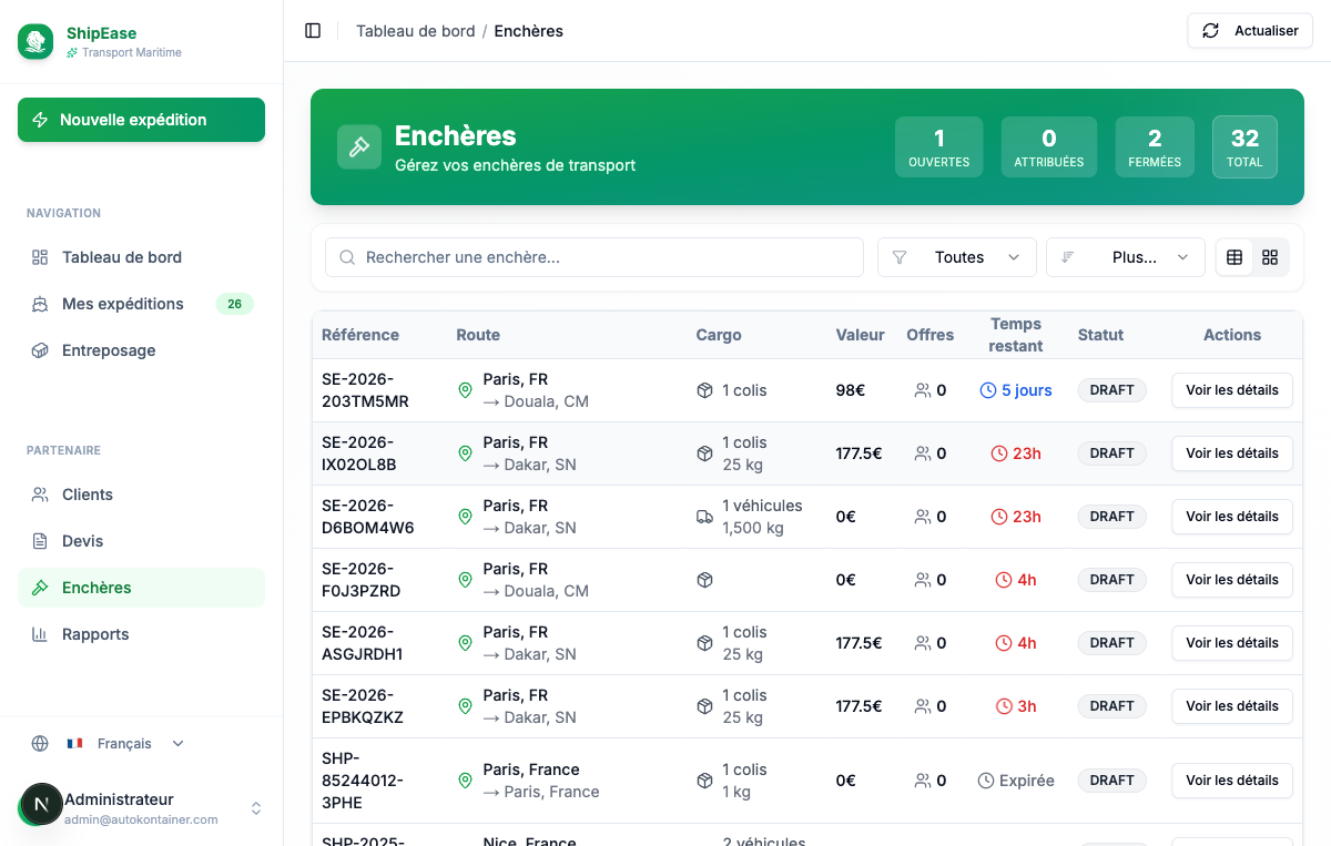 Tableau des enchères de transport dans l’espace transporteur